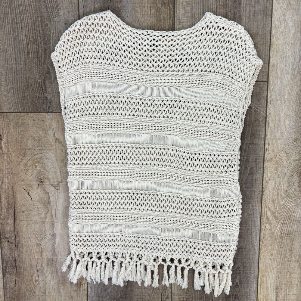Womens Open Crochet Bohemian Cotton Top Size S Ivory Hippie Festival Gypsy Rodeo - Picture 5 of 12